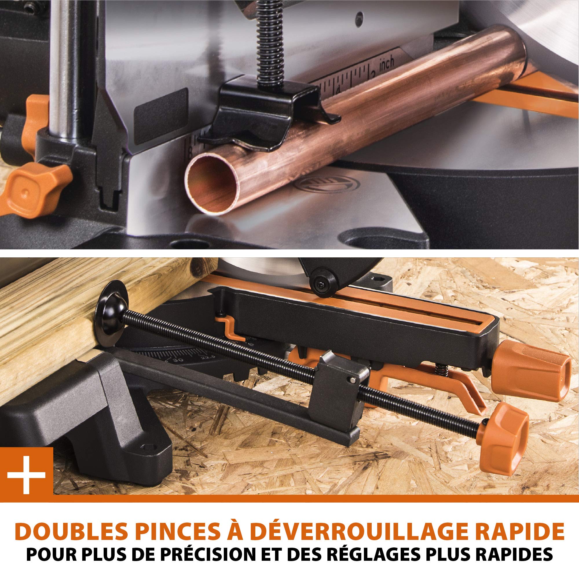 Evolution Power Tools Scie à Onglet Coulissante 255mm R255SMS-DB+ Double Biseau 45-45° Onglet 50-50° Coupe Multi-Matériaux