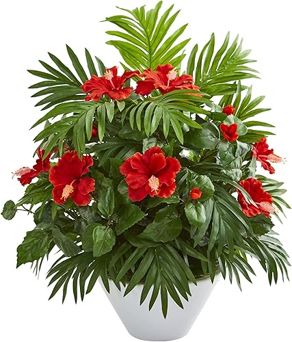 Nearly Natural Plantas artificiales de seda de hibisco y areca de palmera blanca, color rojo