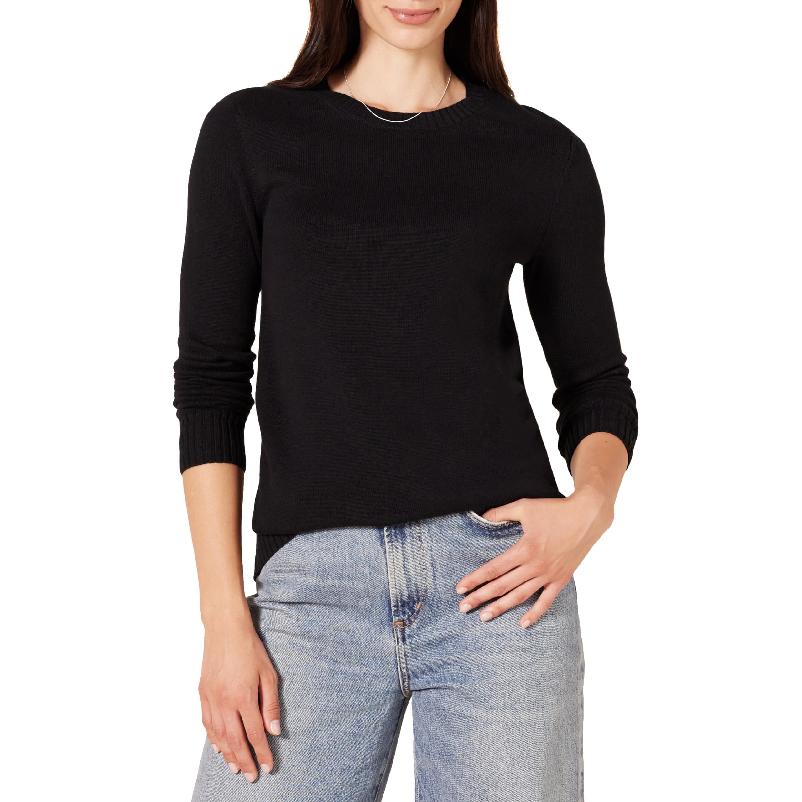 Amazon Essentials Women's 100% Cotton Crewneck Sweater (Available in Plus Size), Black, XS