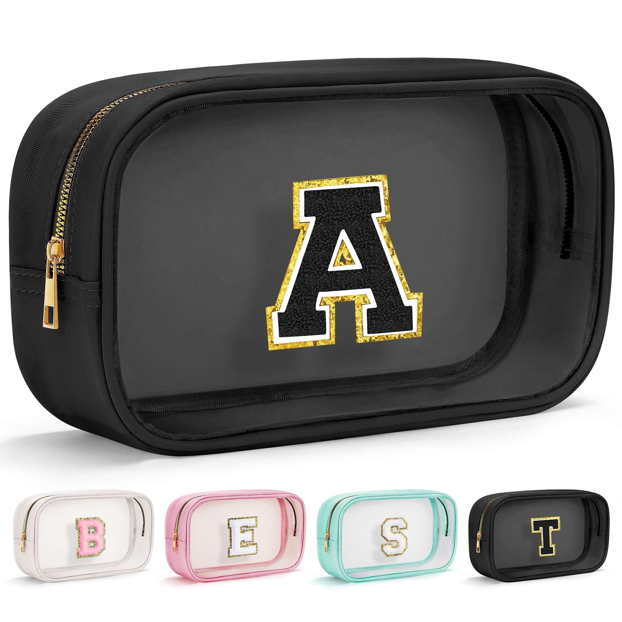 YOOLIFE Initial Makeup Bag Travel Toiletry Bag Clear Makeup Bag Cosmetic Bags Travel Essentials Gifts for Girls Teen Girlfriend Teacher Birthday