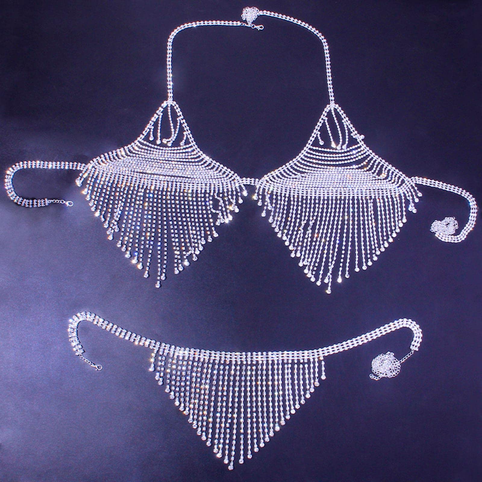KLXSIVU Body Chains Bra Chain Tassel Rhinestone Bling Lingerie Bodysuit Jewelry Hollow Adjustable Strapless (1)