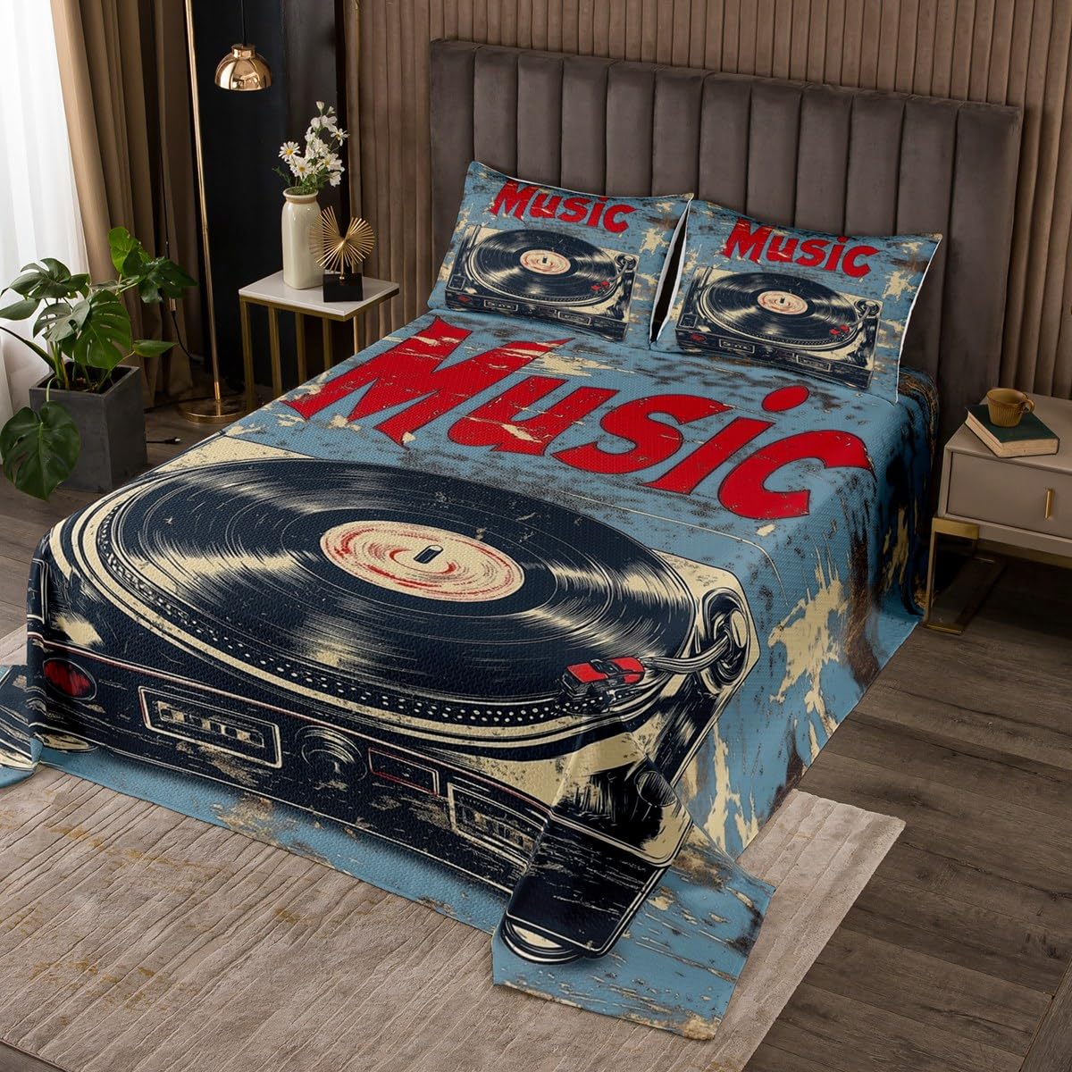 Juego de colcha acolchada con diseño retro de los años 83, tamaño doble, para niños y niñas, tocadiscos vintage, músico, notas musicales, decoración de habitación para todas las estaciones