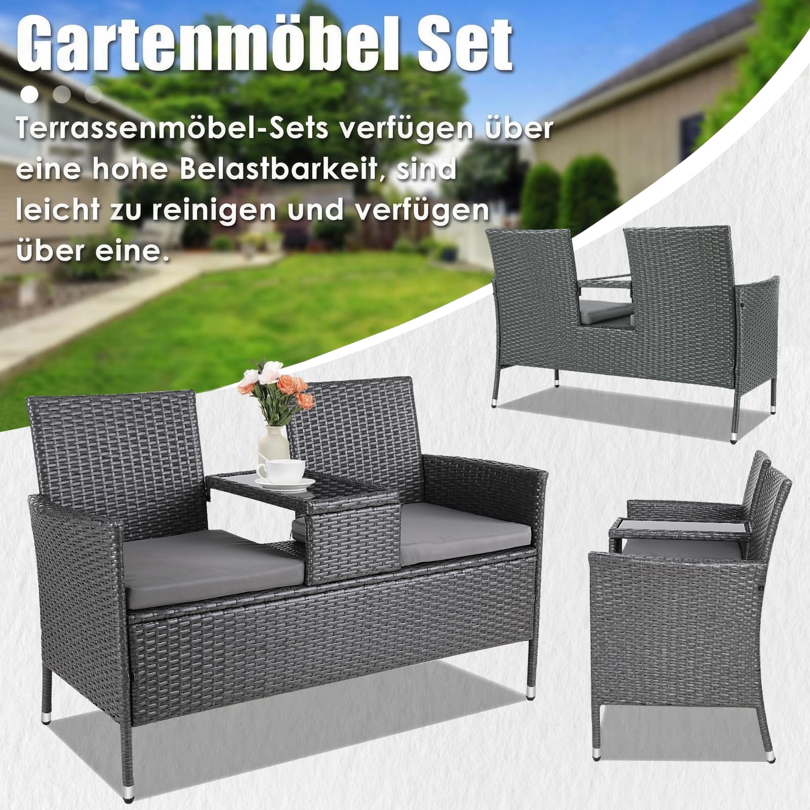 TLSUNNY Banc de Jardin 2 Places en Rotin, Salon Balcon avec Coussins