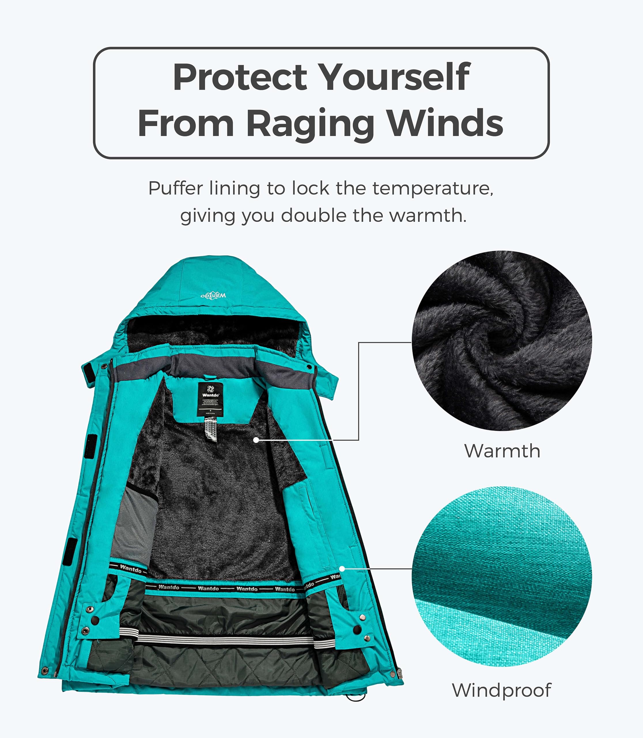 Wantdo Chaqueta de Esquí Cálida para Mujer con Forro Polar Chaqueta de Snowboard Impermeable con Capucha Abrigo de Montaña Impermeable Antiviento Mujer - 4