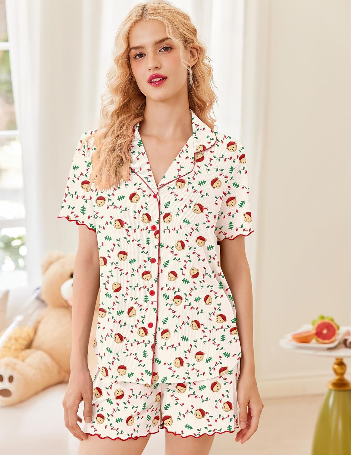 Ekouaer Button Up Pajamas Set for Women Short Sleeve Ribbed Knit Sleepwear 2 Piece Pjs Shorts Set - Image 2