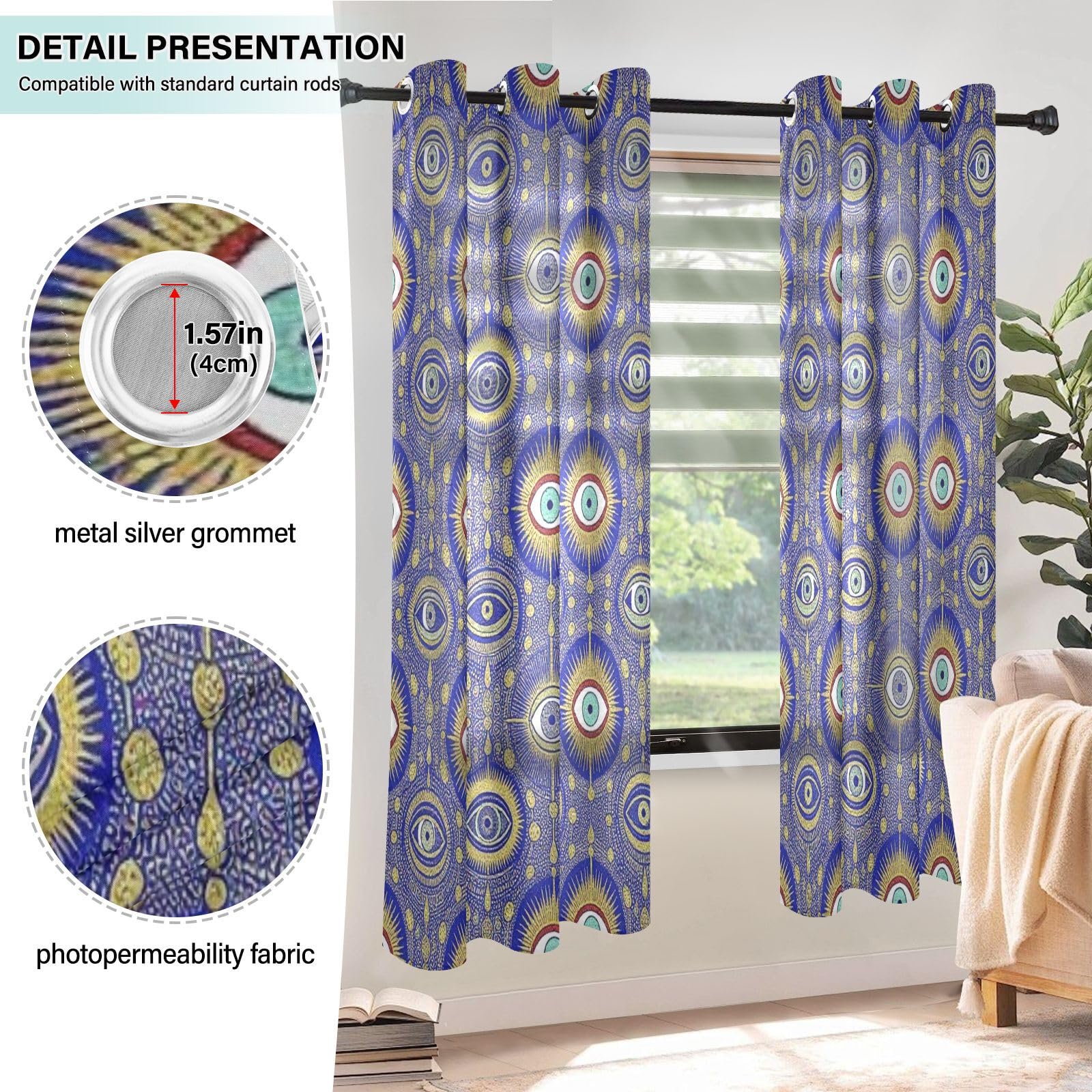 Cortinas decorativas de casa de campo para tratamientos de ventanas, cortinas opacas de ojo malvado azul y dorado, 63 pulgadas de largo, 2 paneles