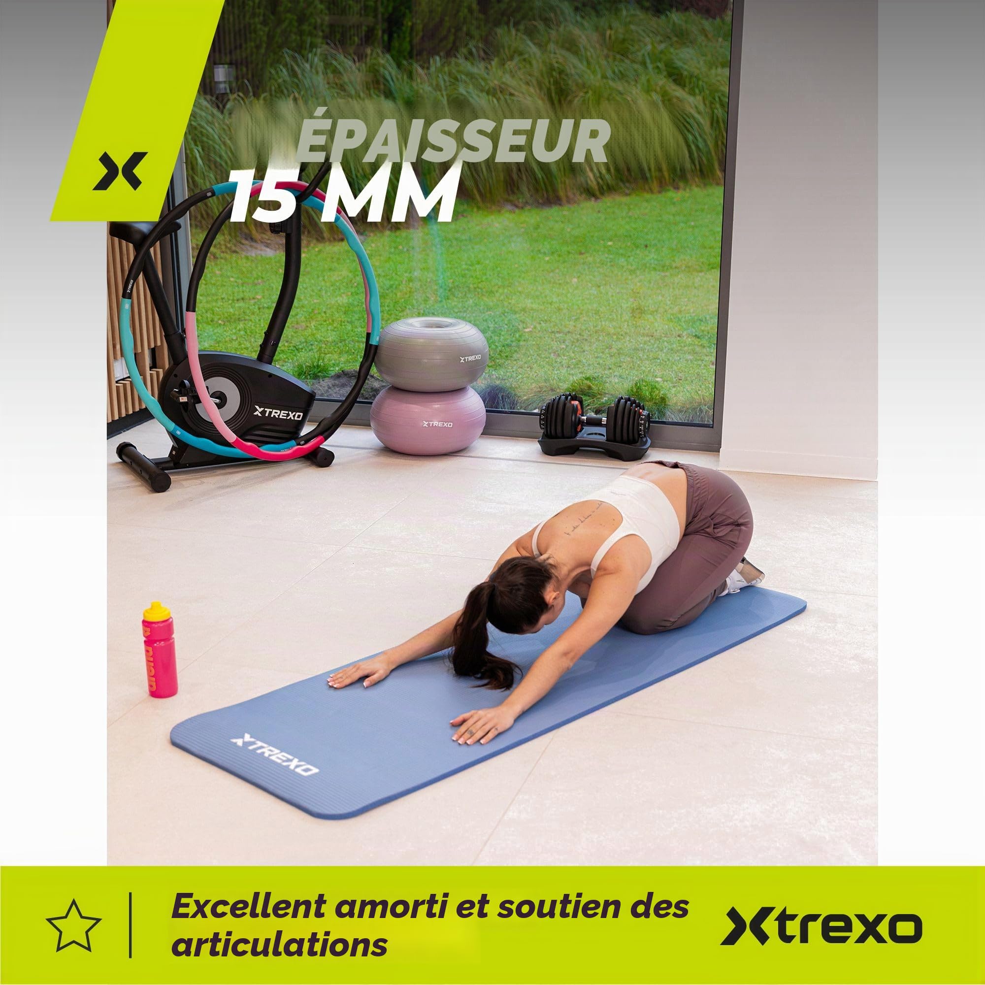 TREXO Tapis d'Exercice en NBR 183 x 61 cm Matériau Exceptionnellement Durable et Flexible 15 mm d'Épaisseur avec Structure Antidérapante dans l'Ensemble avec Sangle pour Porter
