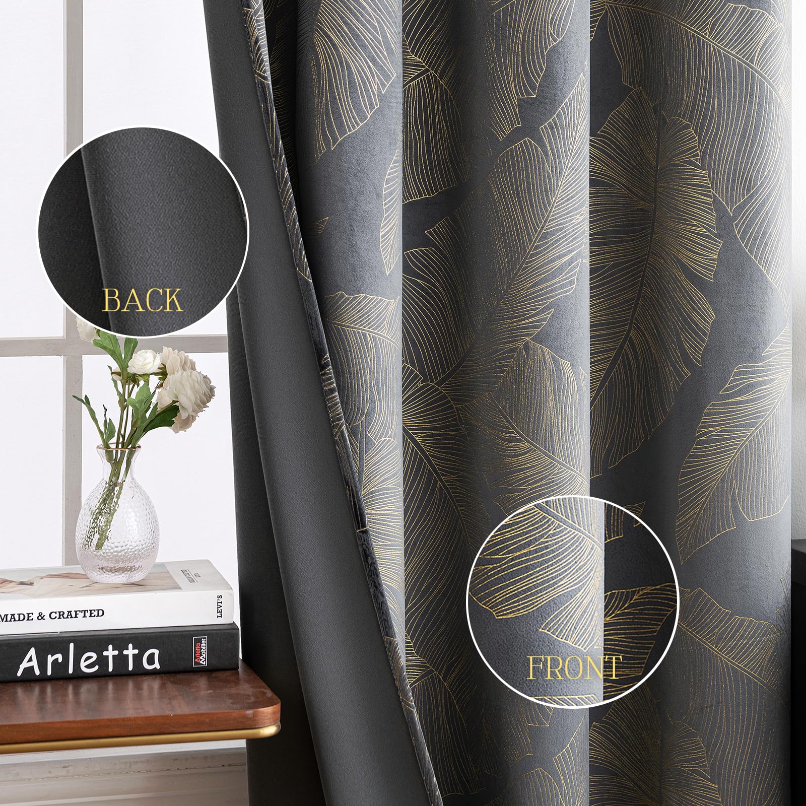 MIULEE Fluwelen gordijnen met goudfoliepatroon, 2 bruine fluwelen gordijnen met ringen, elk 140 x 259 cm, kamerverduisterende gordijnen voor klassieke woonkamer slaapkamer