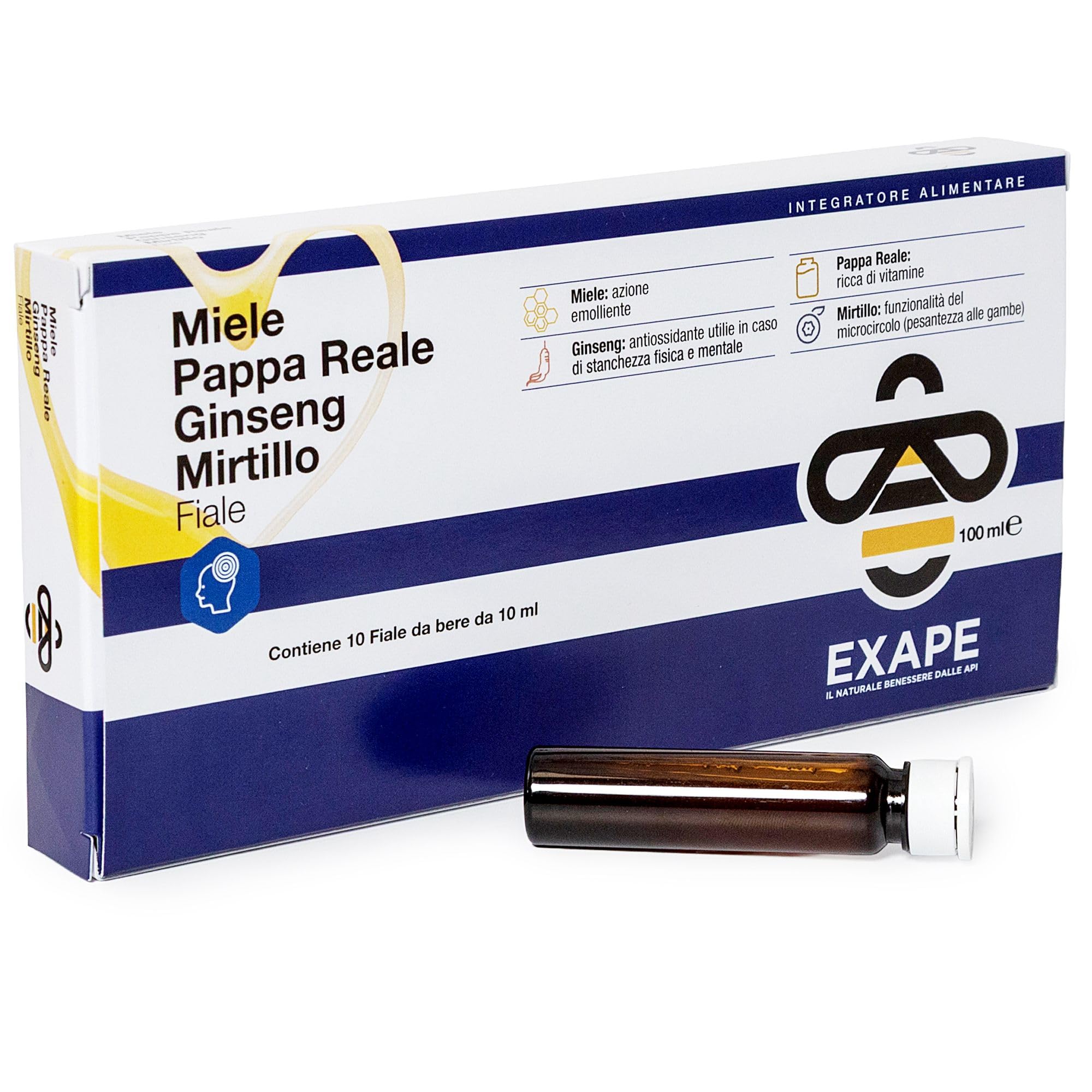 EXAPE - Pappa Reale Fresca Tonico Naturale, Integratore Energetico, Azione Ricostituente e Antiossidante, con Miele 50%, Pappa Reale Fresca, Ginseng, Mirtillo, 10 Flaconcini da 10ml - 2 CONFEZIONI