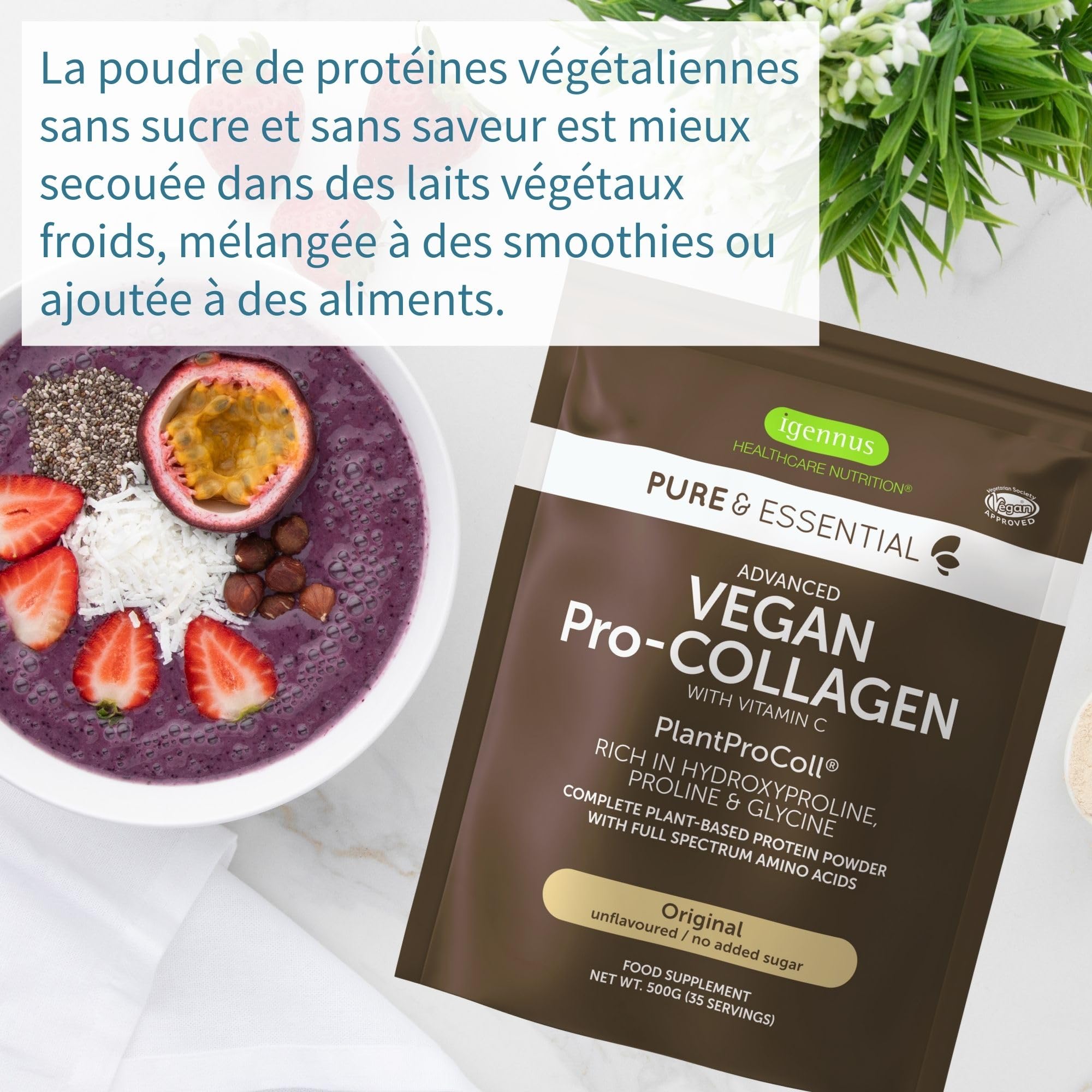 Collagène Vegan en Poudre Avancé avec Vitamine C, 11 g de Protéines, 21 Acides Aminés (y compris Glycine), Peptides de Collagène 100% Végétale, Non Aromatisé, 35 portions – par Igennus
