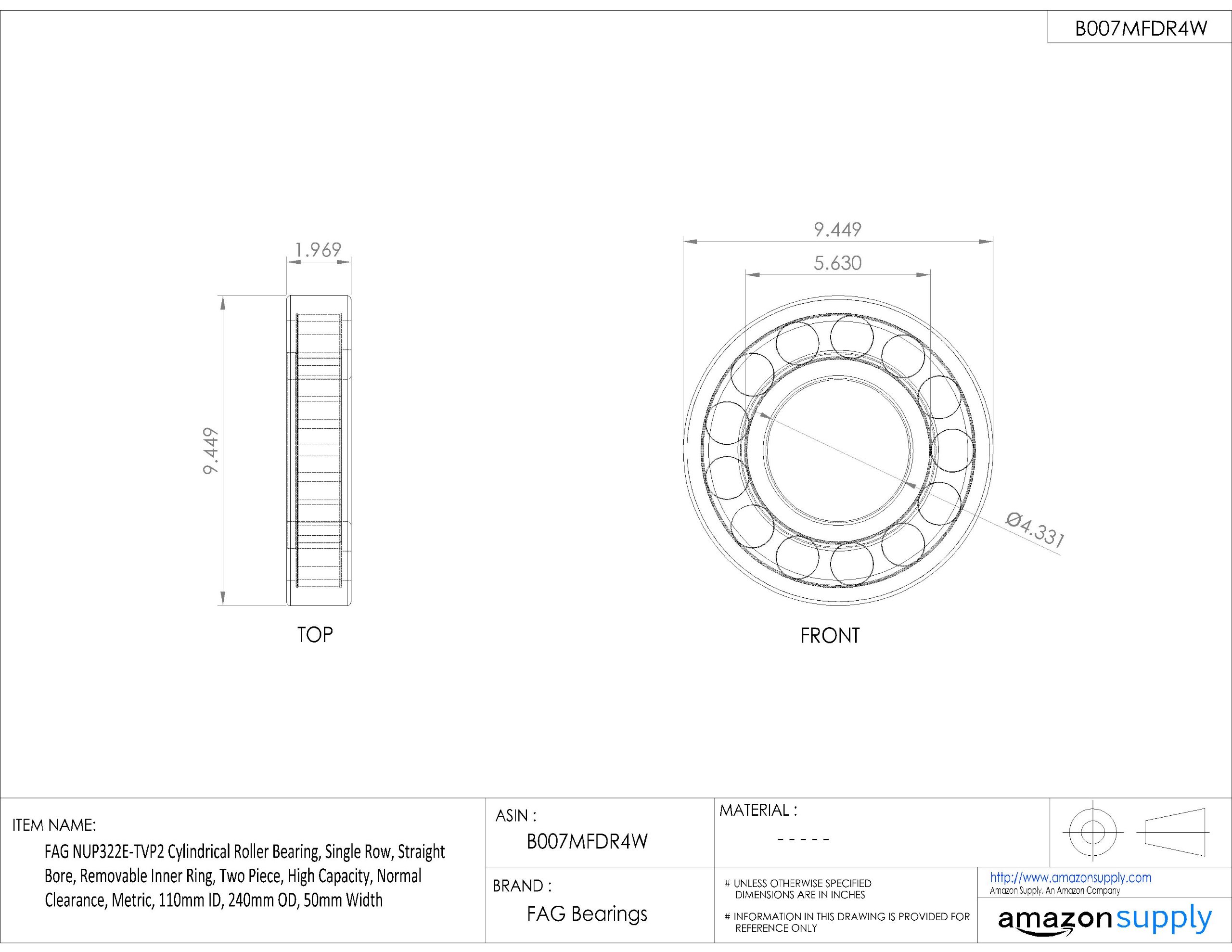 FAG Nup322e-tvp2 cylindrique Roulement à rouleaux, rangée simple, Straight Alésage, Bague intérieure amovible, 2 pièces, haute capacité, espace Normal, métriques, 110 mm ID, 240 mm OD, 50 mm de largeur
