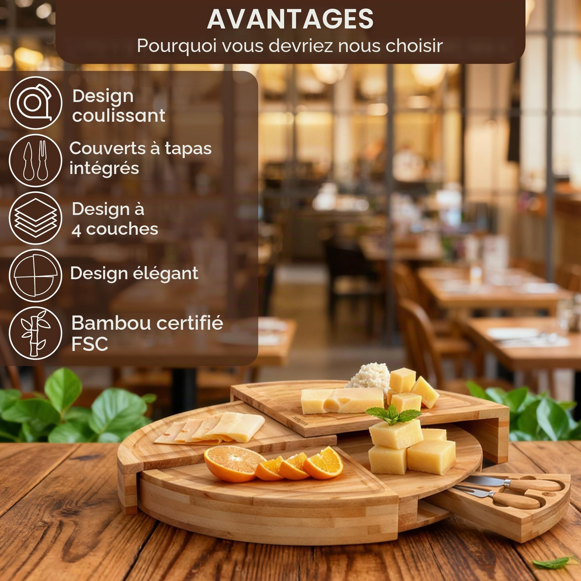 Plateau de Service en Bambou - Plateau à Fromage et Charcuterie Avec Set de Couteaux - Planche en Bois