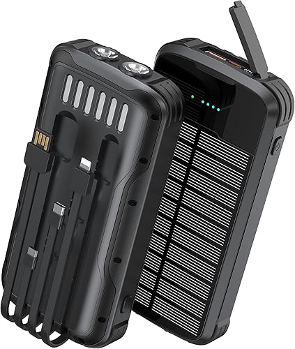 Cargador solar con cargador de batería externa PD de 20 W de carga rápida, cargador de teléfono portátil de 40000 mAh, 4 cables integrados con
