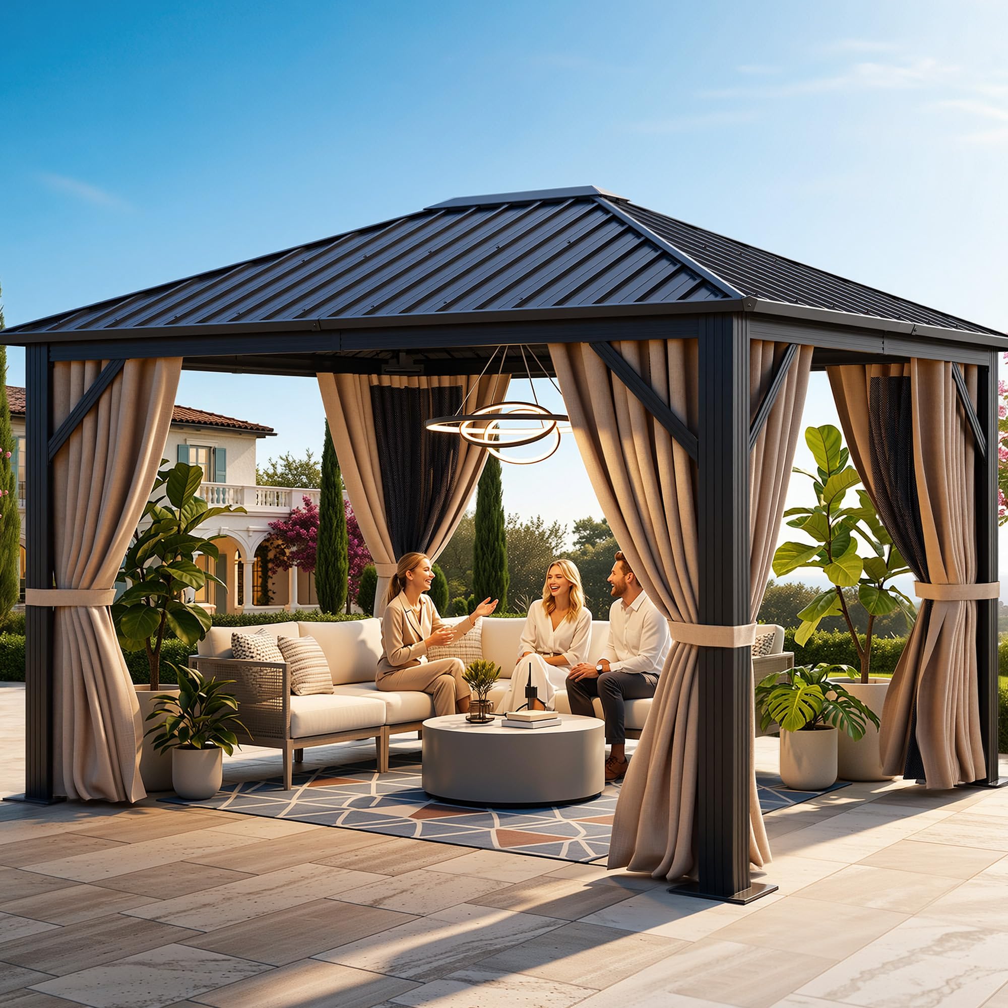 Photo 1 of **ONLY THE ROOFING, MISSING BOXES** YITAHOME 10X12FT Hardtop Metal Gazebo Single Top Outdoor Patio Canopy Galvanized Iron Aluminum Column Garden Tent Curtains Netting for Backyards Decks Lawns,Brown