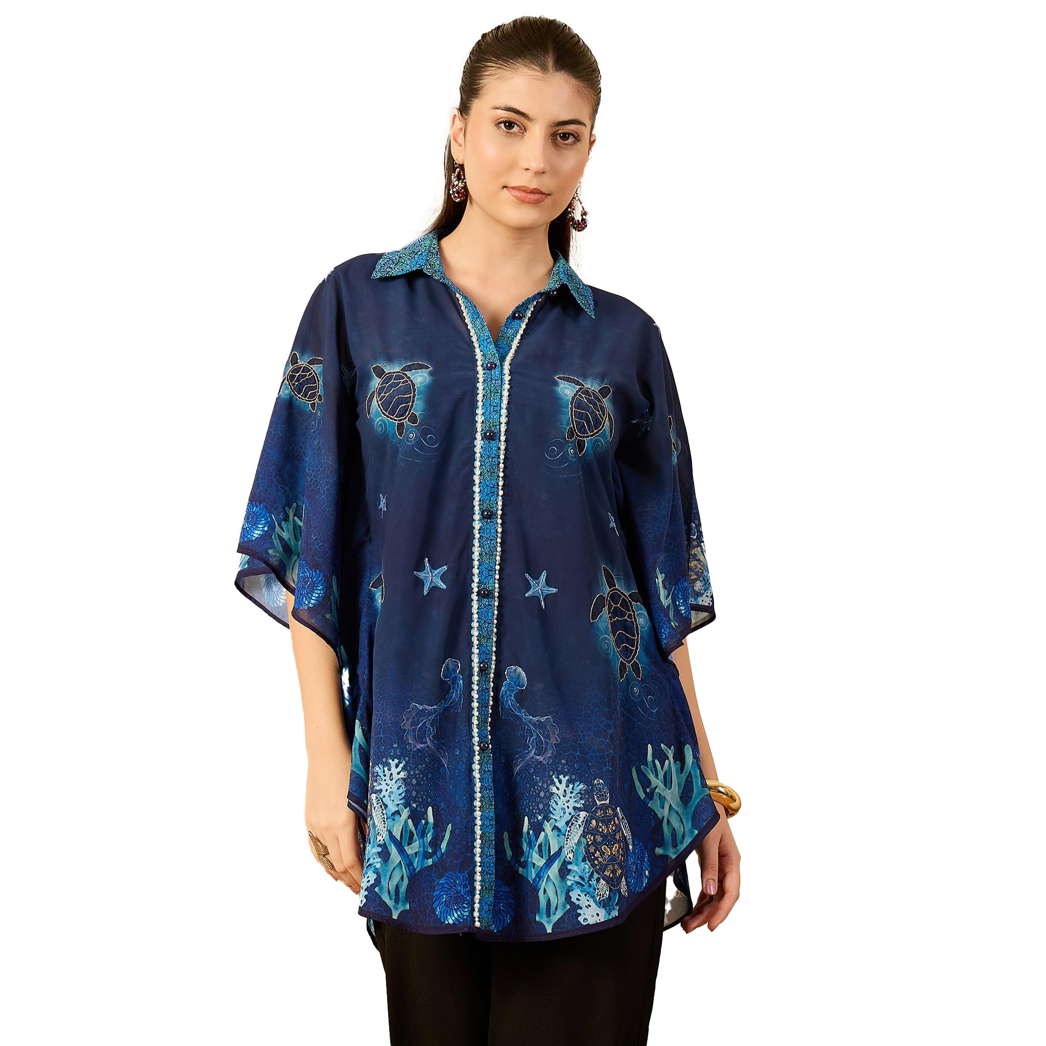 Navy Blue Under Water Apple-Cut Kaftan Shirt-image-13