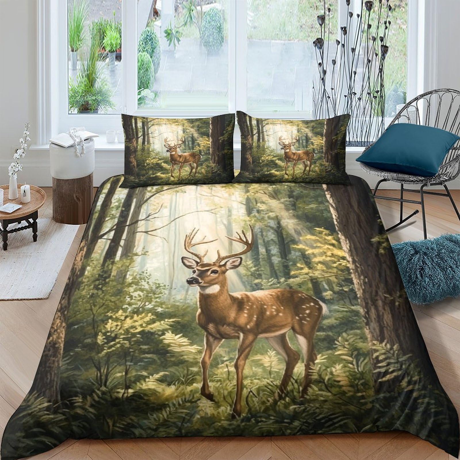 Ctjqhvkz Style-4 3D Printed Forest Deer Fitted Sheet Microfiber Soft Breathable Woodland Mattress Cover For Bedroom Guest Room Decor Single（135X200cm）
