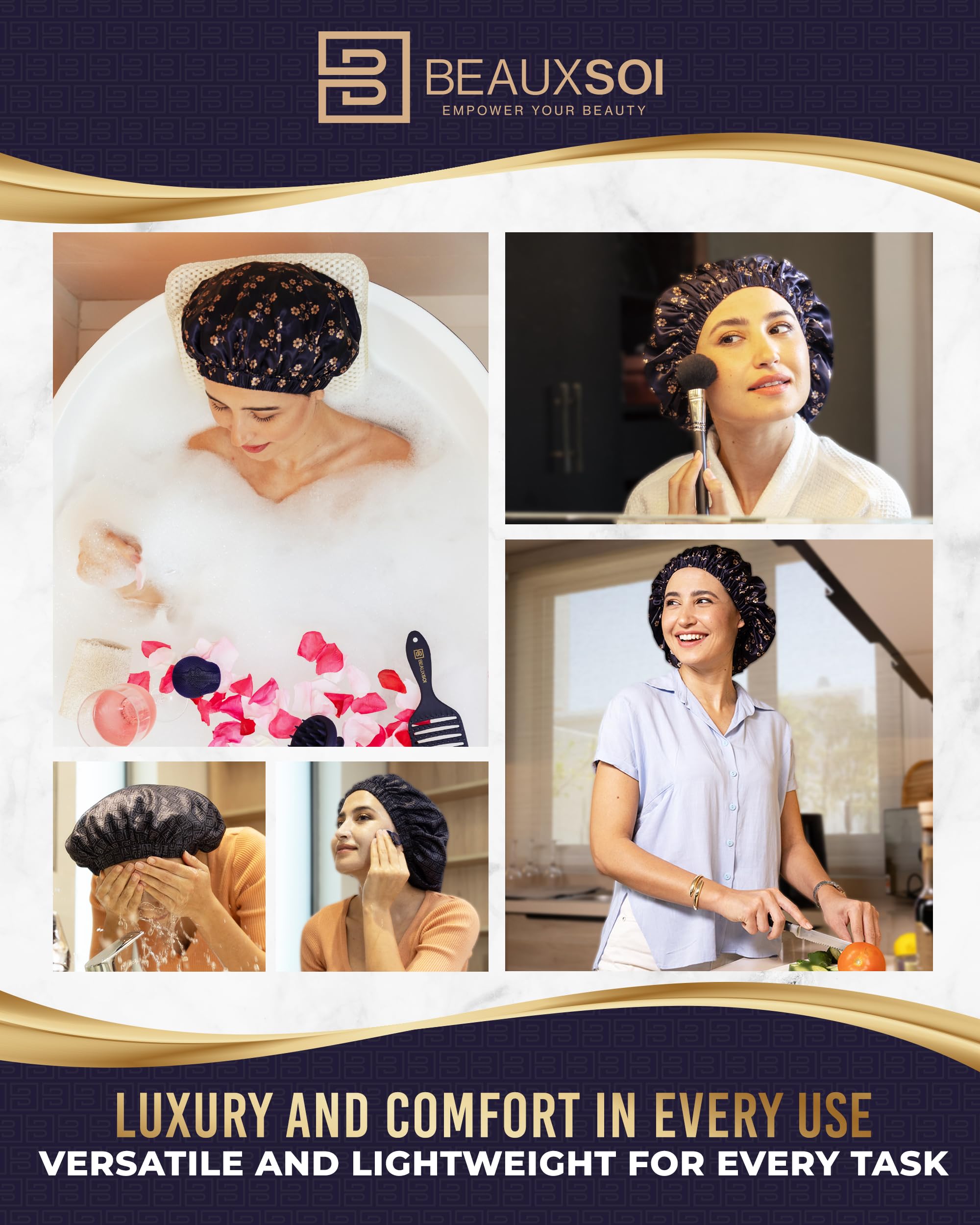 Beauxsoi Gorros de ducha de lujo para mujer, reutilizables, impermeables, con forro de satén, suave y ajustable, de alta calidad, el mejor gorro de ducha para mujeres como regalo para mantener el