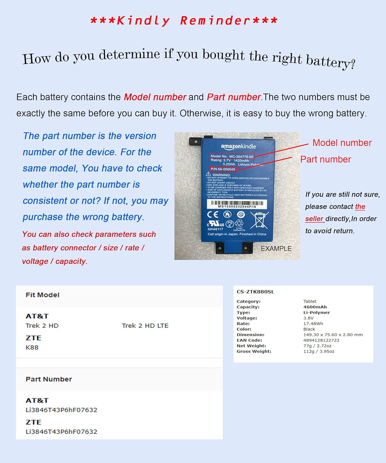 XPS Replacement Battery for AT&T Trek 2 HD Trek 2 HD LTE ZTE K88 PN Li3846T43P6hF07632