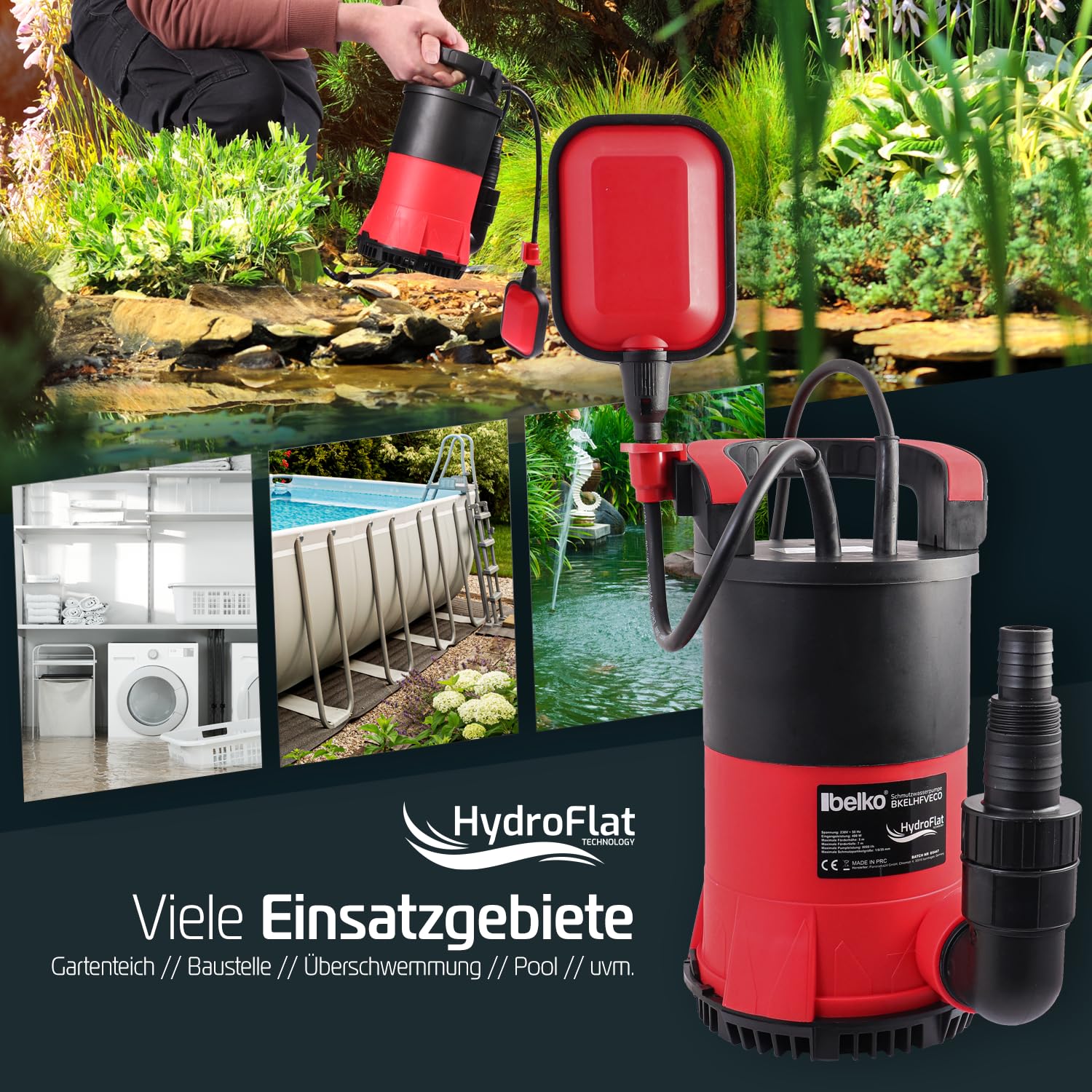 Belko® HydroFlat Vario Eco 400W Schmutzwasserpumpe – Flachsaugend bis 1 mm, 8.000 l/h Förderleistung, Integrierter Schwimmerschalter, Flexibler Kombinippel-Anschluss für Haus & Garten