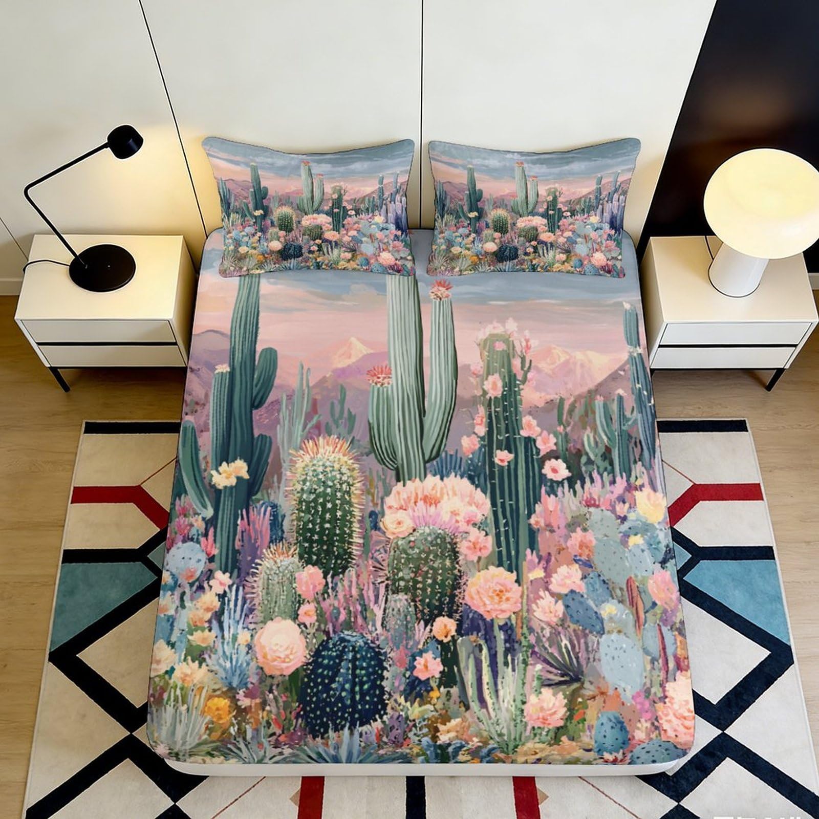 3D Printed Cactus Sunset Fitted Sheet Microfiber Soft Breathable Desert Bloom Mattress Cover for Bedroom Dorm Decor 200x200x25cm