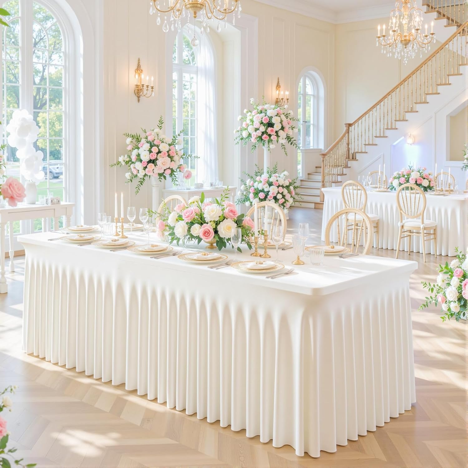 6 Pack Ivory Table Cloth for 6 Foot Rectangle Tables Spandex Fitted Tablecloth 6ft Stretch Table Covers Skirt Ivory Banquet Tablecloths Wrinkle Free Tablecloth for Party Wedding Birthday Event