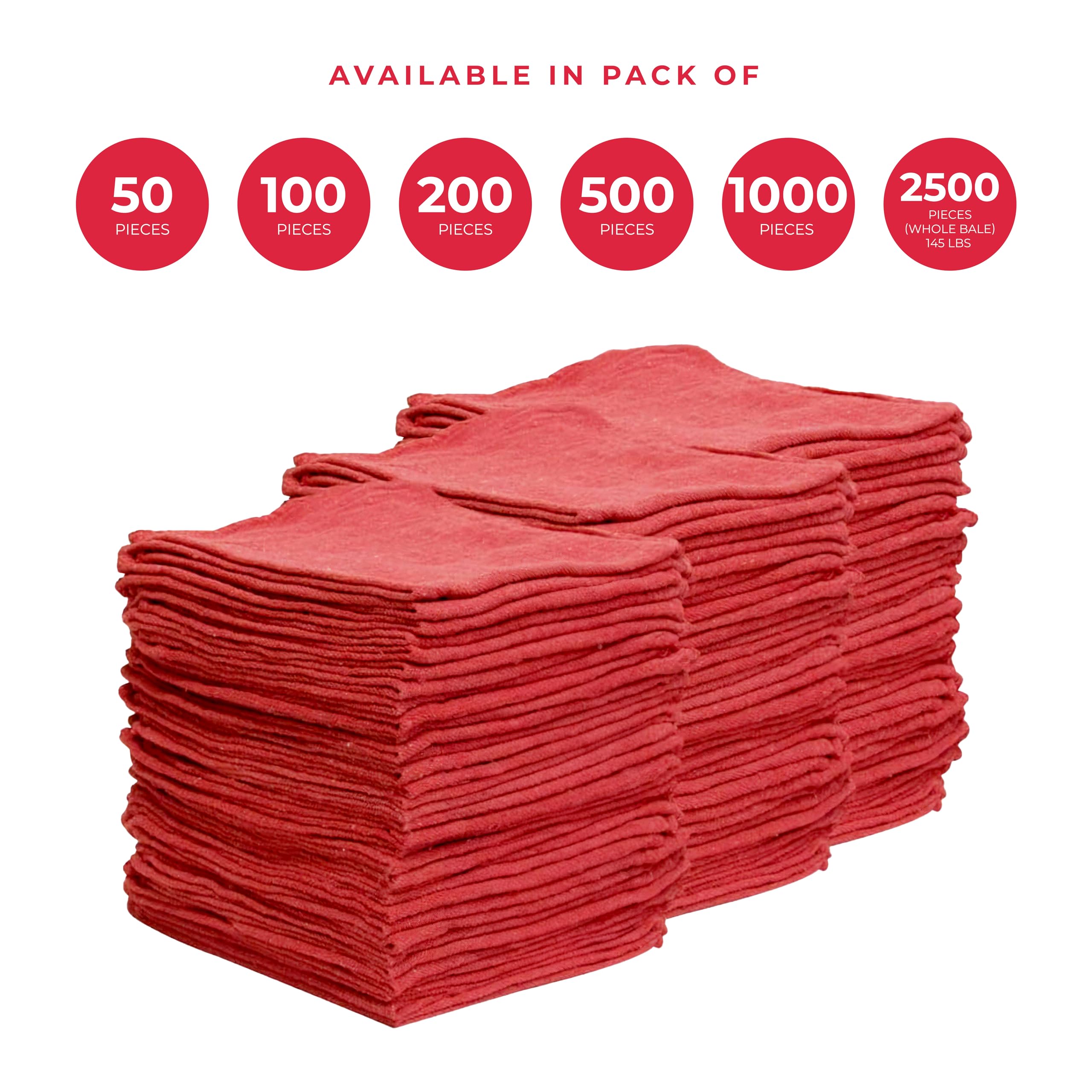 Ocean Towels Cotton Red Shop Towels Pack of 50 Rags Durable Quality Cleaning Cloths - Shop Rags Reusable Cleaning 100% Cotton Size 15x15 Highly Absorbent - use for Shop, Home, Auto & Garage