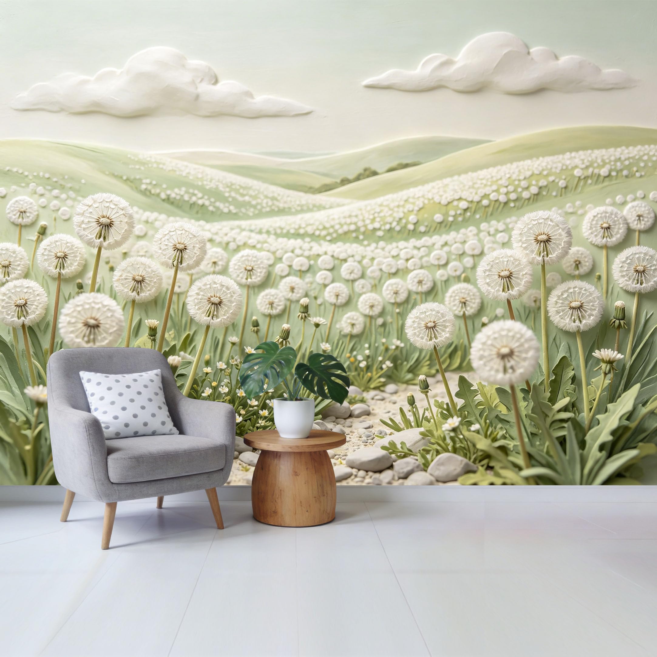 Qzlithotic Yq2605250572 Custom Size Wall Mural 3D Textured Dandelion Field Landscape Soft Green Hills Clouds Botanical Modern Minimalist Selfadhesive Wall Fabric Removable Wallpaper For Home Office Decor