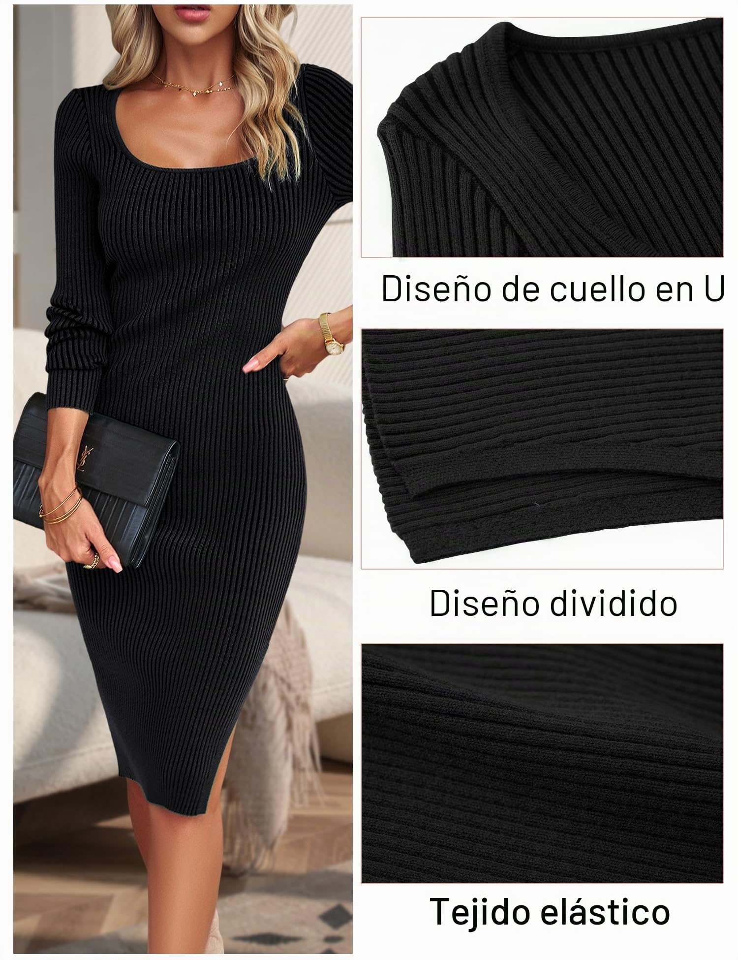 Vestidos De Punto Mujer Collar Cuadrado De Invierno Largo Abrir Un Tenedor Otoño Invierno Elegante, Ajustado, Elasticidad Vestido, Vestido Punto Mujer Invierno（5 Colores）
