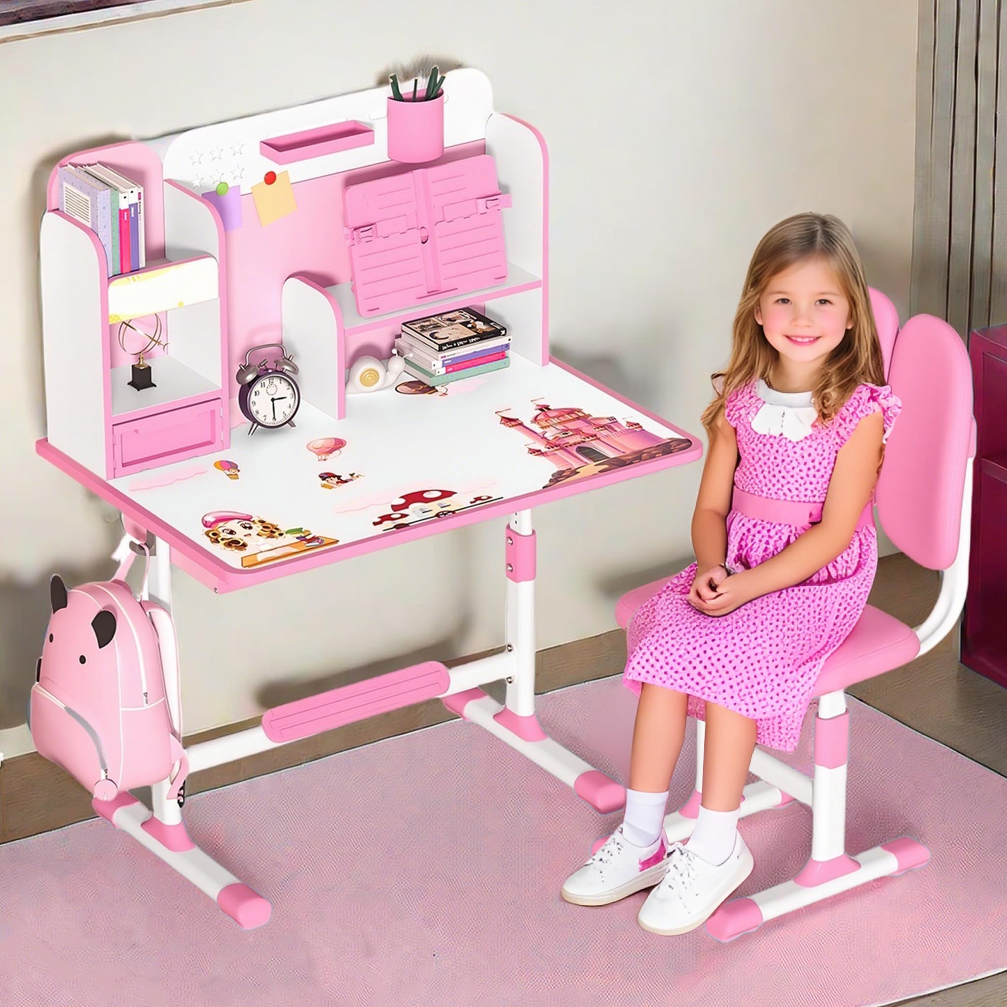 Kinder-Schreibtisch- und Stuhl-Set, Kinderschreibtische, Jungen und Mädchen, Schreibtisch für Kinderzimmer, höhenverstellbar, Kinder-Studiertisch und Stuhl-Set mit Sitzkorrektur, Schublade