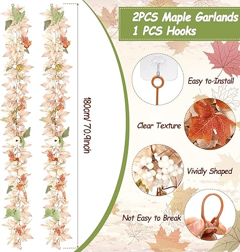 Miniatura 7 de 2 guirnaldas de hojas de arce de otoño de 5.9 pies, guirnalda de bayas de calabaza blanca, enredaderas colgantes, cosecha de otoño, decoración de