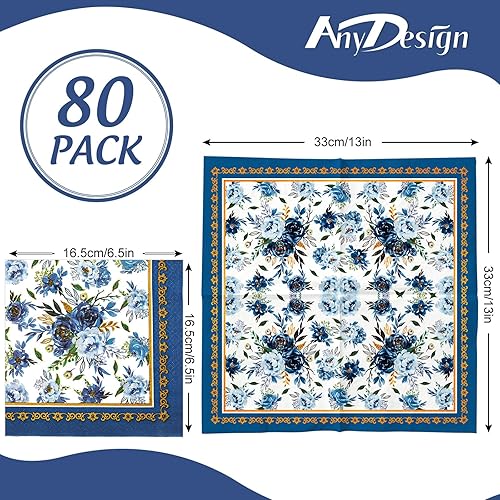 Miniatura 2 de AnyDesign Paquete de 80 servilletas de papel florales azul marino con flores azules y blancas, servilletas de almuerzo desechables con marco dorado,
