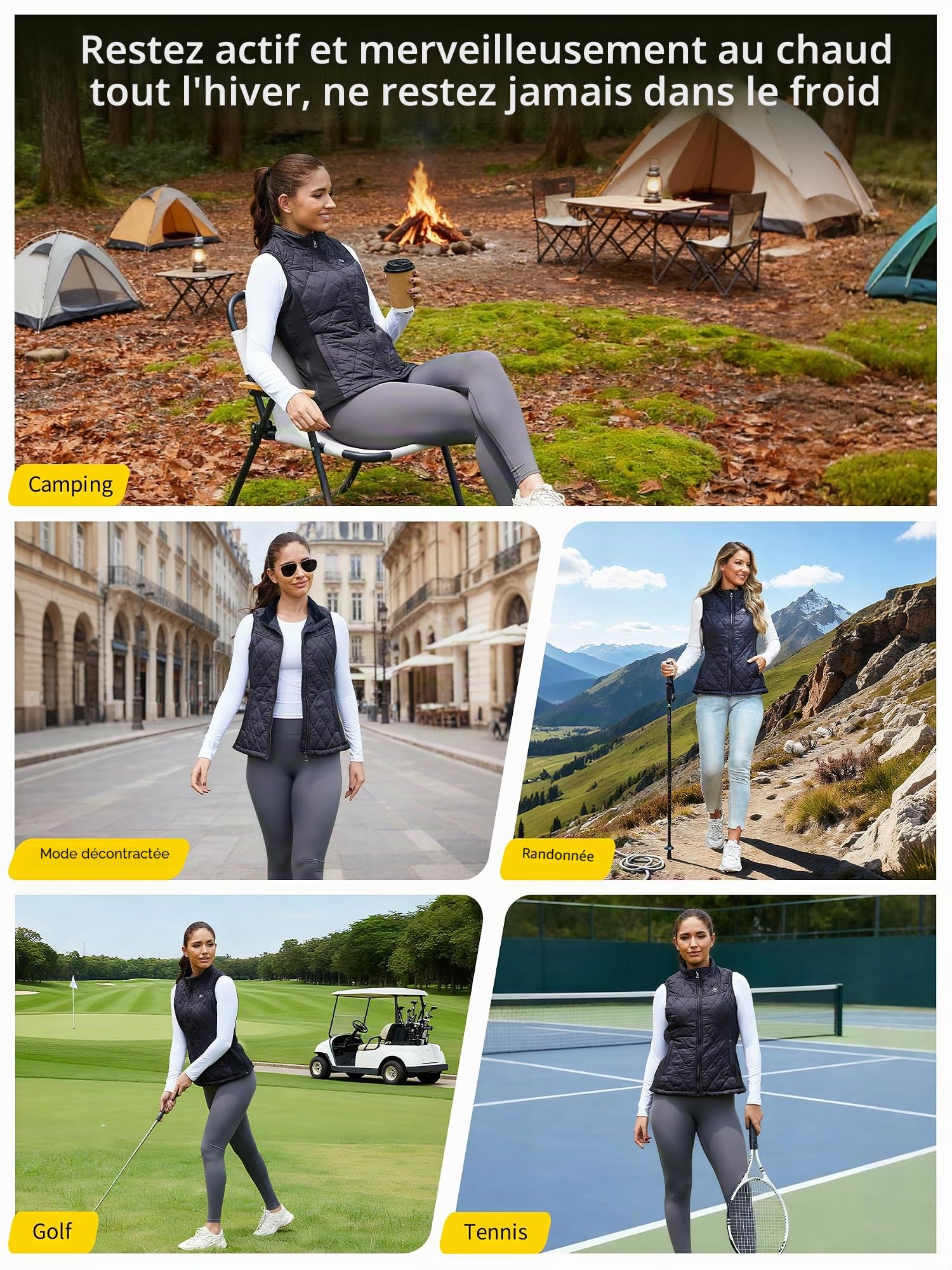 Gilet Chauffant Femme, Veste Chauffante avec 16000mAh Batterie, 6 Zones de Chauffage, 3 Niveaux de Température, Gilet Chauffant Électrique pour de Plein Air Sports Hiver, Machine Lavable