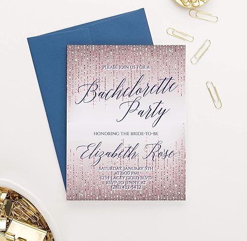 Miniatura 3 de Bachelorette Party Invitations, Bachelorette Party Invites Sparkle, Printed Rose Gold Glitter Effect, Your choice of Quantity and Envelope Color