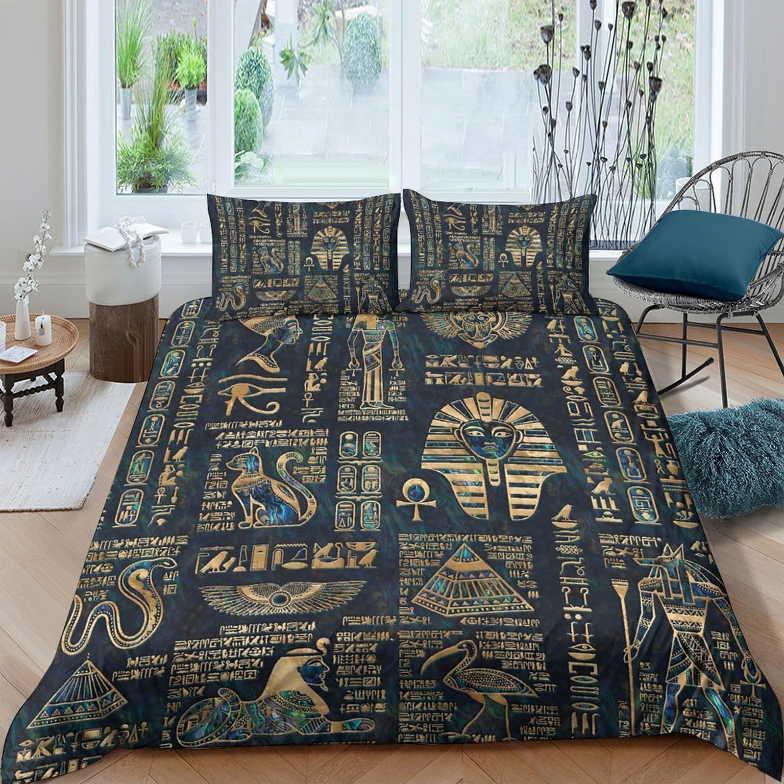 Ctjqhvkz Style-1 3D Printed Egyptian Hieroglyphs Fitted Sheet Microfiber Soft Black Gold Pharaoh Bed Cover For Bedroom Guest Room Decor Single（135X200cm）