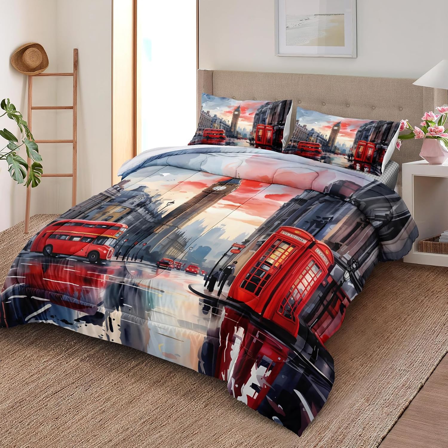 Retro Comforter Set UK London Bedding Set Vintage Big Ben Red Telephone Booth Romantic City Theme Bedding Comforter Women Boys Girls Bed Set Super Soft Cozy for All Season