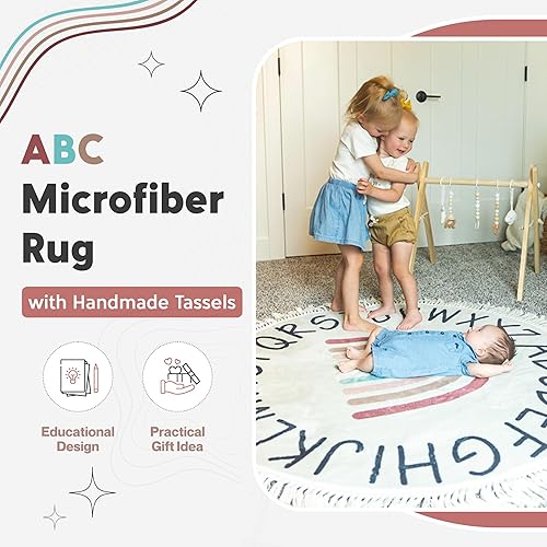 Miniatura 5 de ABC Lovely - Alfombra bohemia con diseño de arco iris, alfombra redonda de 4 pies para sala de juegos de niños pequeños, alfombra redonda para aula,