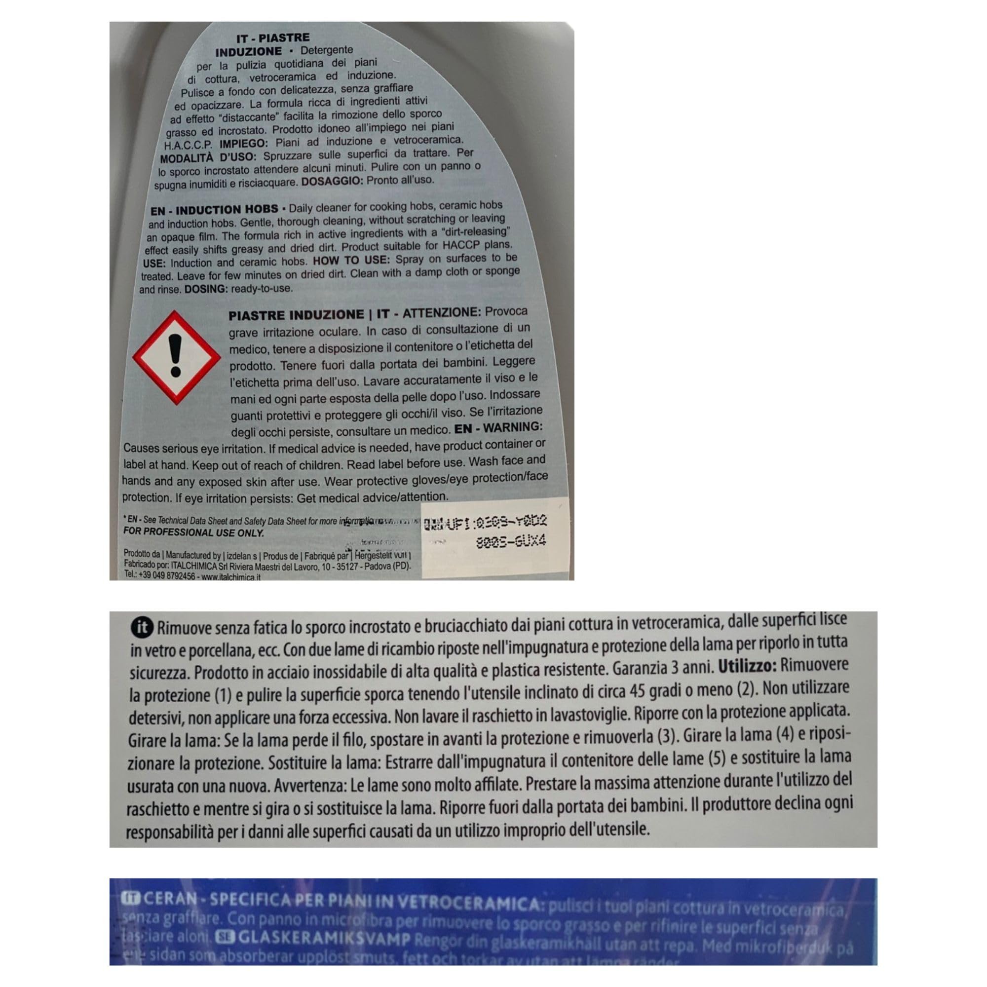 SET PULIZIA PIANI AD INDUZIONE: Detergente Spray, Piastre Induzione Anche Per Vetroceramica 500ml + Raschietto Per Piani Cottura In Vetroceramica + Spugna CERAN