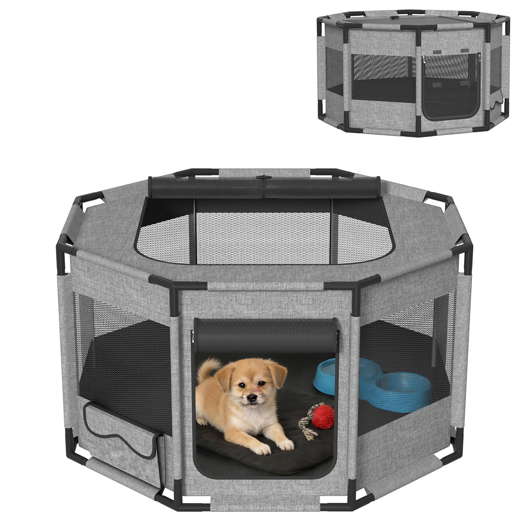 Froadp Jaula móvil para cachorros de tela Oxford 600D con marco de PVC, parque plegable para perros y gatos, con puerta con cremallera y apertura superior, gris, octogonal L