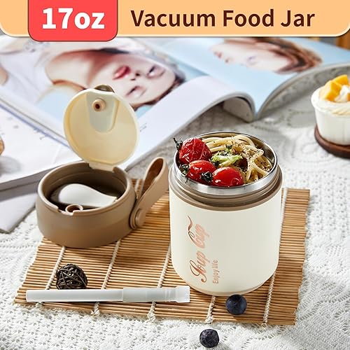 Miniatura 6 de Tarro de almuerzo aislado de 17 onzas con asa y cuchara plegable, comida caliente a prueba de fugas para niños y adultos, taza de sopa de acero
