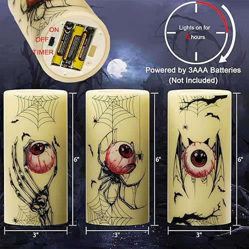 Miniatura 92 de Eldnacele - Velas LED parpadeantes sin llama de Halloween con temporizador de 6 horas, velas de cera que funcionan con pilas, con calcomanías