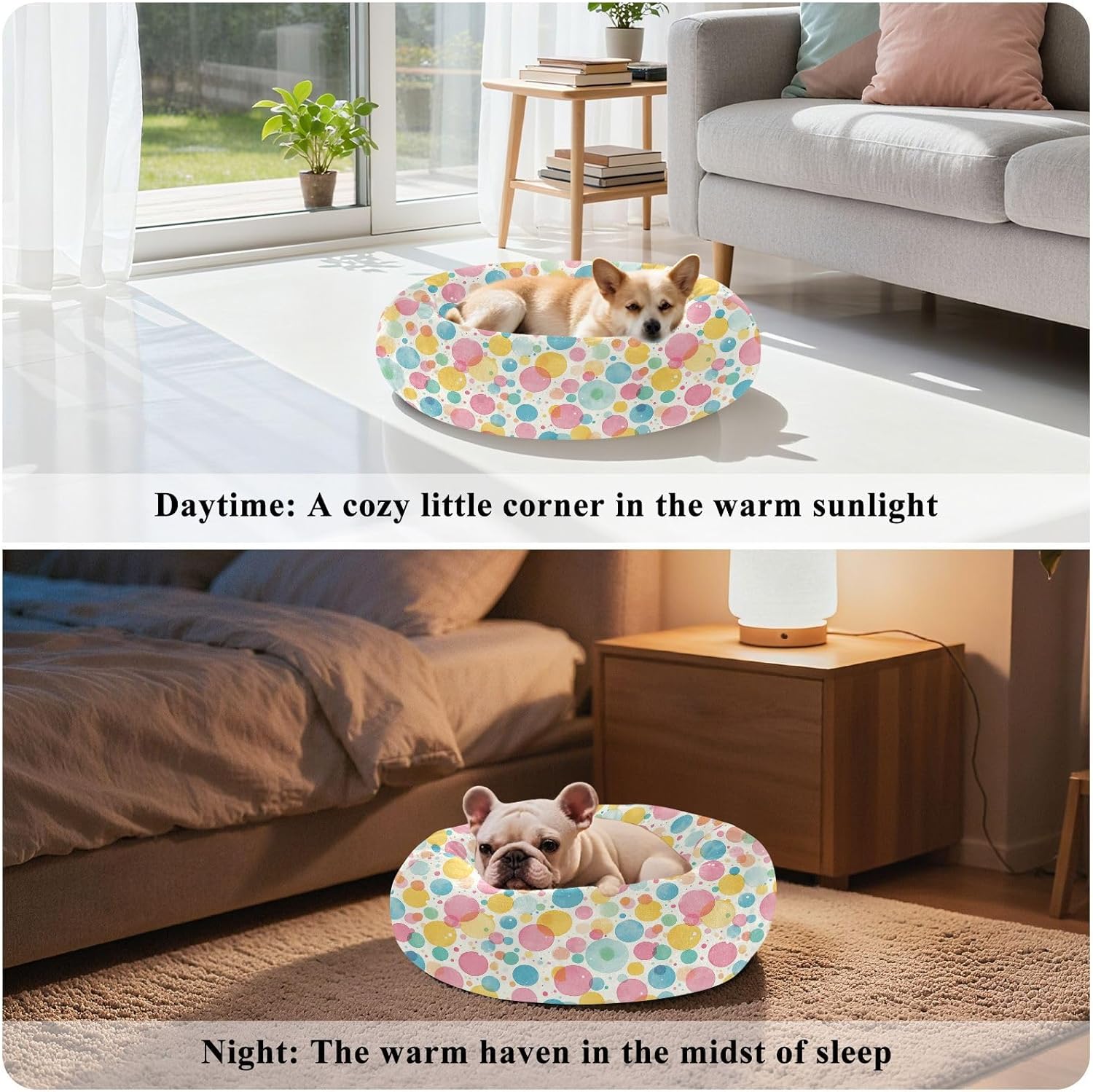 Pet Dog Beds Anti-Slip Fluffy Cat Pillow Bed for Small Size Pets Supplies M Cartoon Colorful Dots Circle