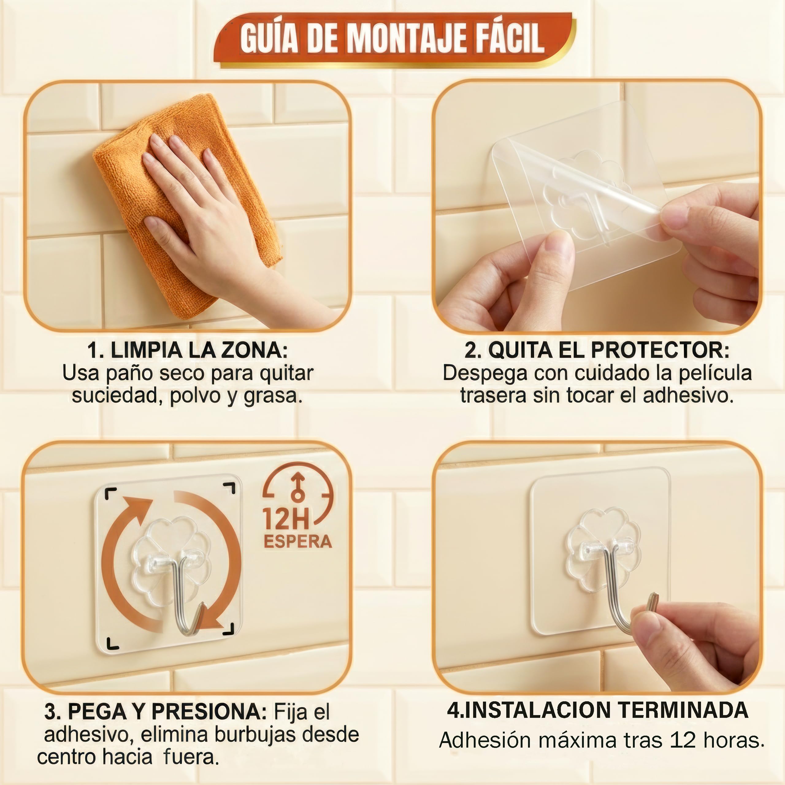 Ganchos Adhesivos Transparentes para Pared, Colgadores de Cocina y Baño Sin Taladro