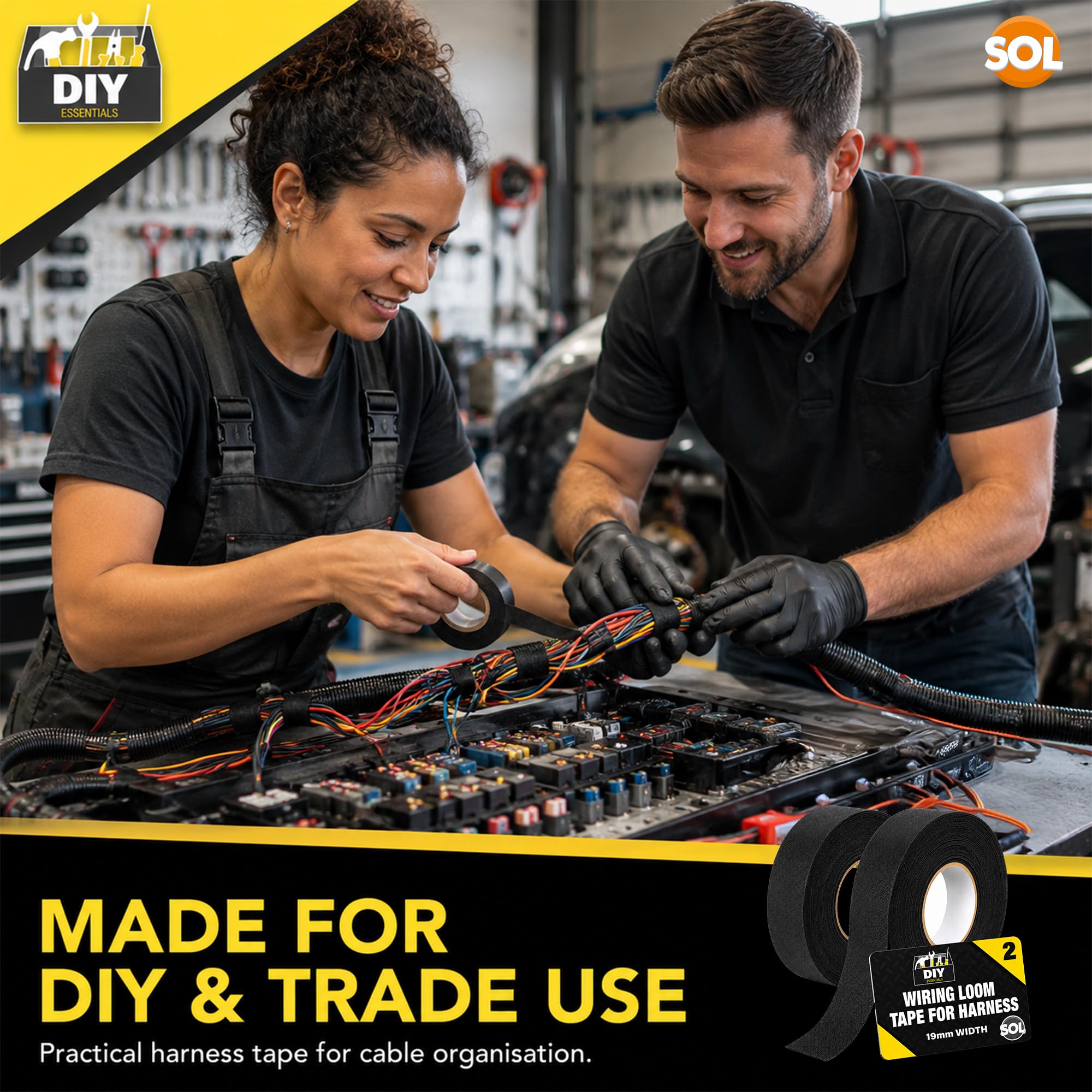 SOL 2 cintas de arnés de cableado de 20 m, fieltro negro para coches, motocicletas, duradera y flexible, resistente al calor, ideal para gestión de cables eléctricos automotrices