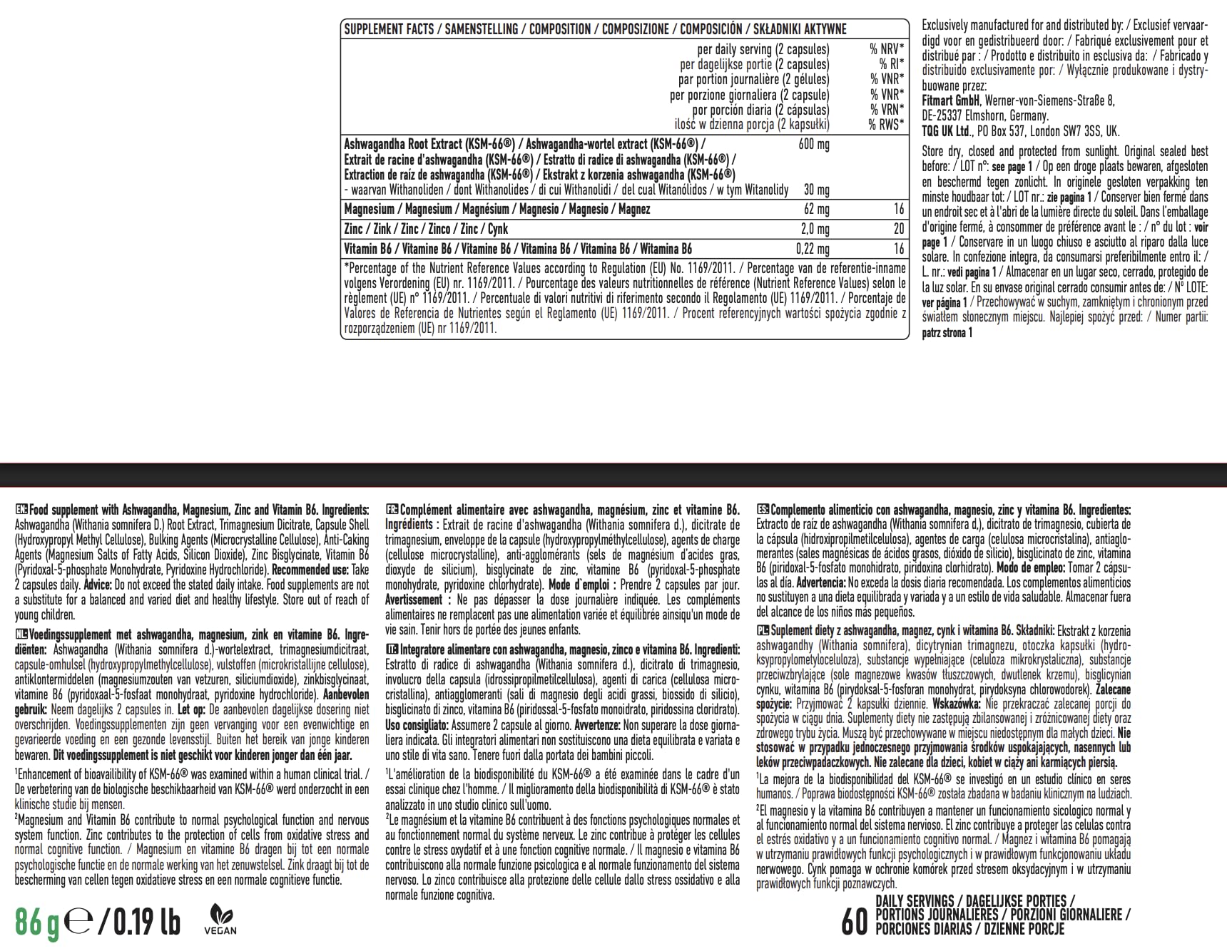 ESN Ashwa +, estratto di radice di Ashwagandha brevettato KSM-66®, 120 capsule, bacca indiana del sonno, con magnesio, vitamina B6 e zinco, vegano - prodotto in Germania