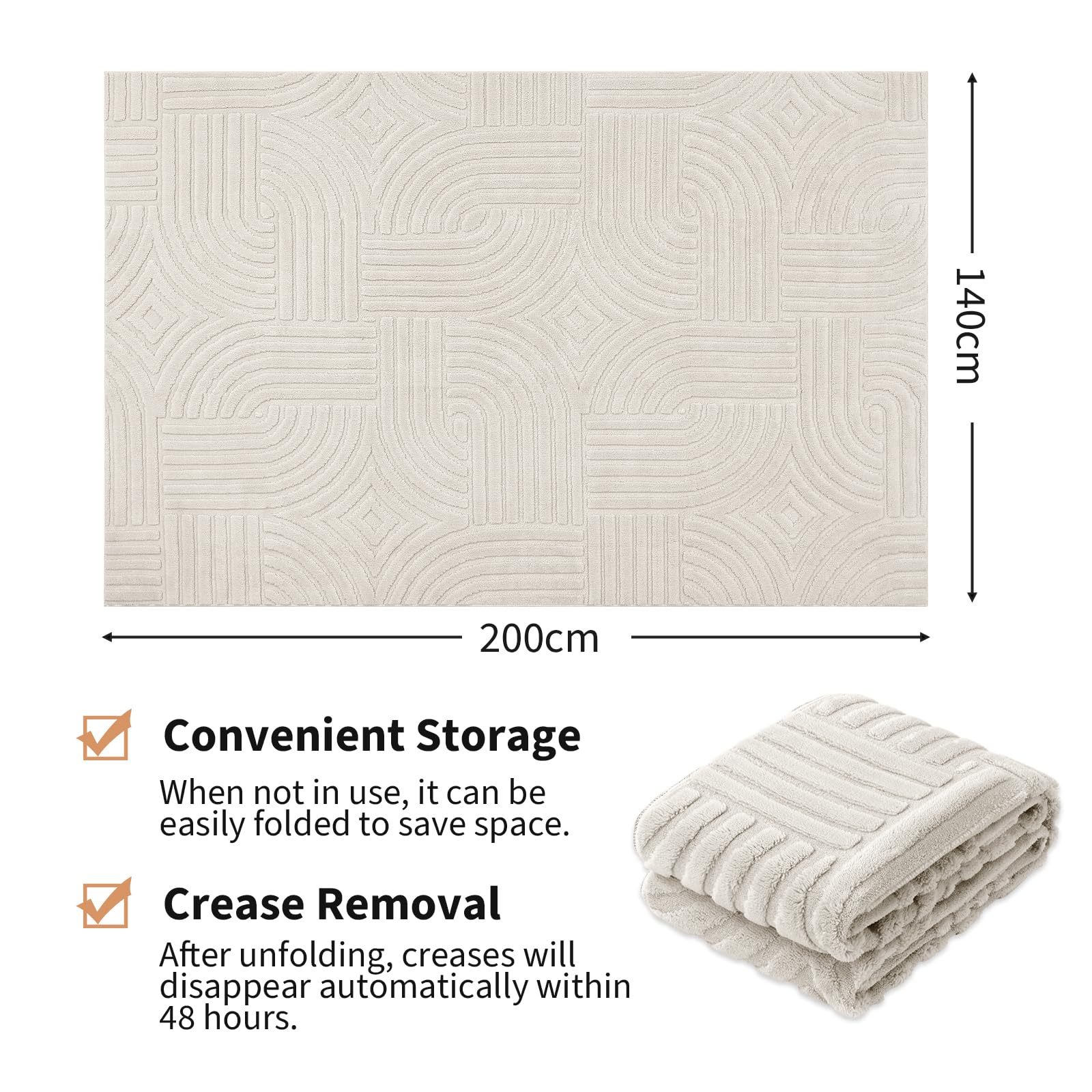 Enyhom Machine Washable Rugs for Living Room 140 x 200 cm Non Shedding Area Rugs for Bedroom Soft High Pile Rugs Non Slip Carpet Large Fluffy Rug Carpet Mat for Office Dining Room Lounge Beige - Image 2