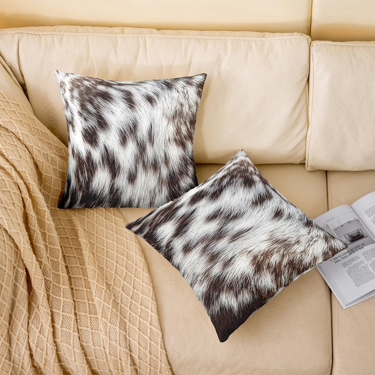 Erosebridal Pack of 4 Cow Throw Pillow Covers 20x20 Cowhide Pillow Covers Highland Cow Fur Print Cushion Covers Warm for Adult Women Man Rustic Western Milk Cow Skin Decorative Accent Pillow Cases