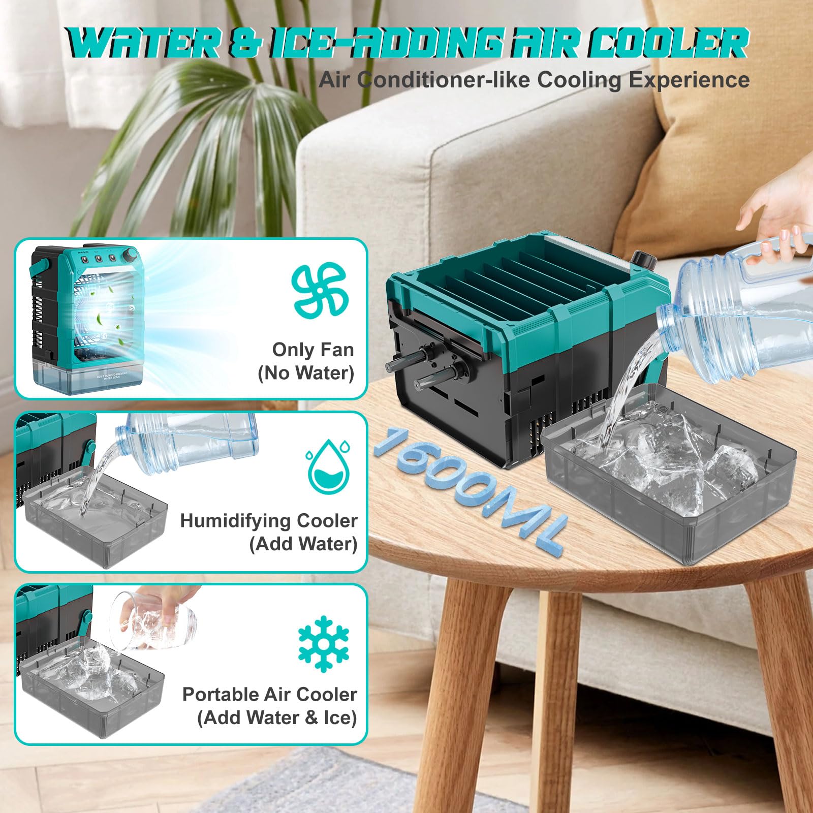 Ventilator mit Wasserkühlung Kompatibel für Makita 18V Akku und USB-betrieben，Luftkühler mobil mit Wasserkühlung,Ventilator mit Luftbefeuchter für Terrasse, Garage Urlaub Sport Büro Garten