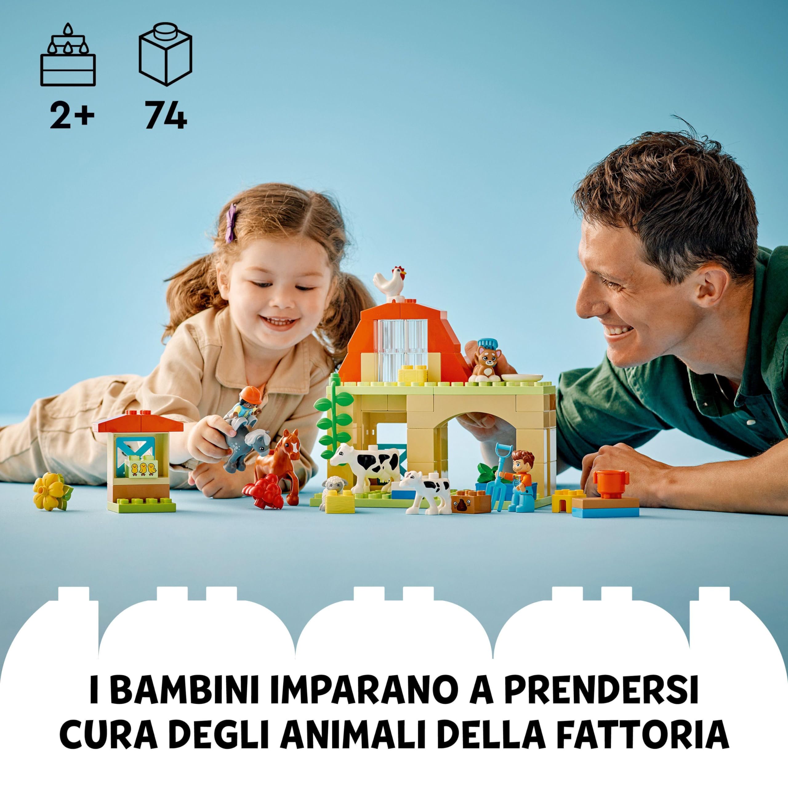 LEGO DUPLO Cura degli Animali di Fattoria Giocattolo, Gioco di Ruolo Educativo per Bambini e Bambine da 2 Anni in su con Figure di Cavalli, Mucche e Galline, Set Prescolastico per Apprendimento 10416