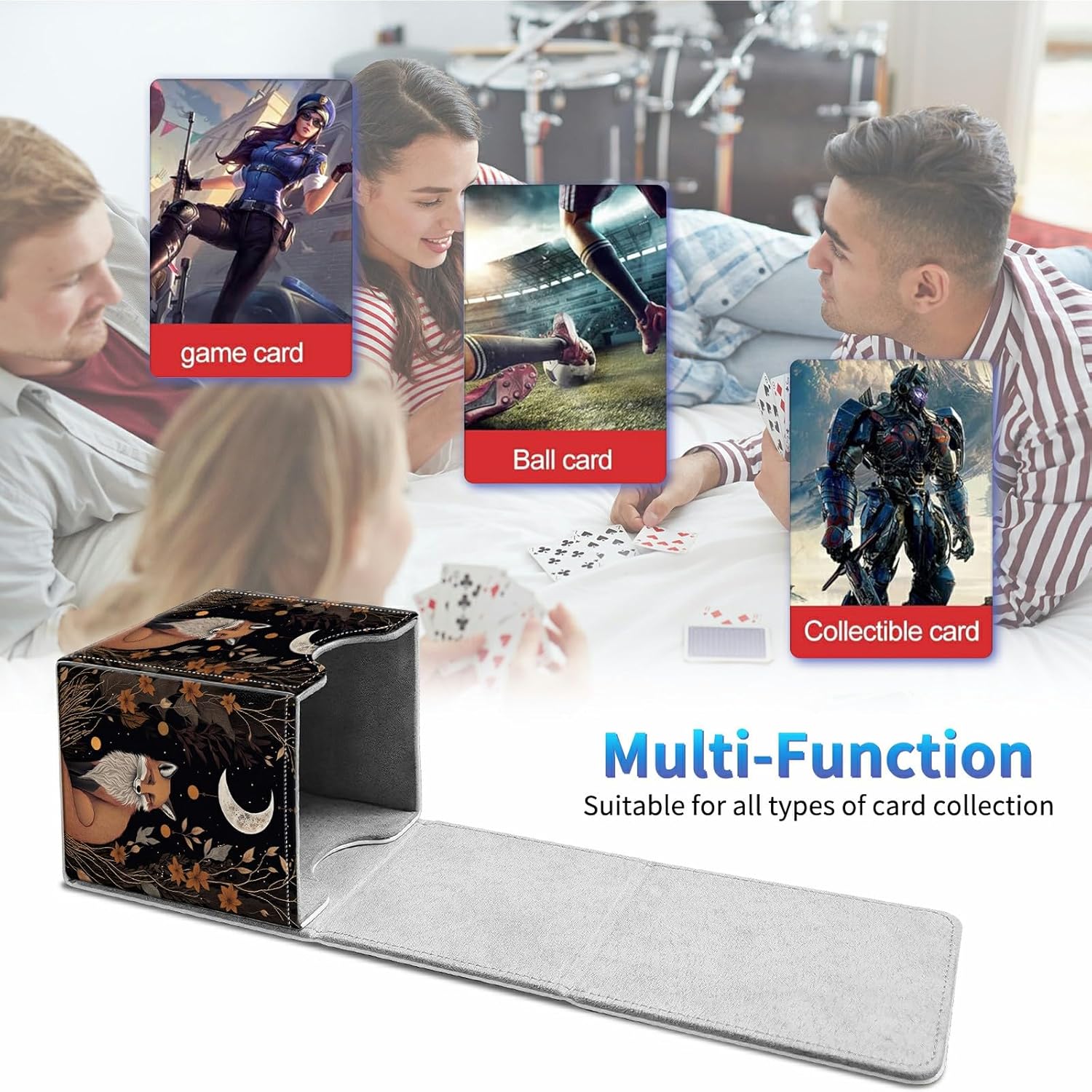 Card Deck Box for Trading Cards, MTG Commander Deck Box Fits 100+ Single Sleeved Cards, Leather Magnetic Card Storage Box for YuGiOh TCG CCG Cards, Fox Moon Trippy Animal Floral