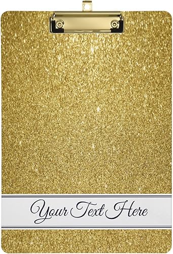 Portapapeles con purpurina amarilla dorada personalizada con clip de metal dorado de perfil bajo para colgar, tableros de clip personalizados para